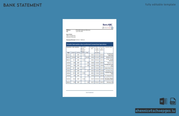 Botswana Bank ABC Kontoauszug Excel-Beispielvorschau